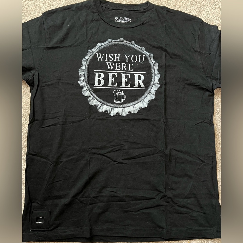 wish you were beer shirt with bottle opener